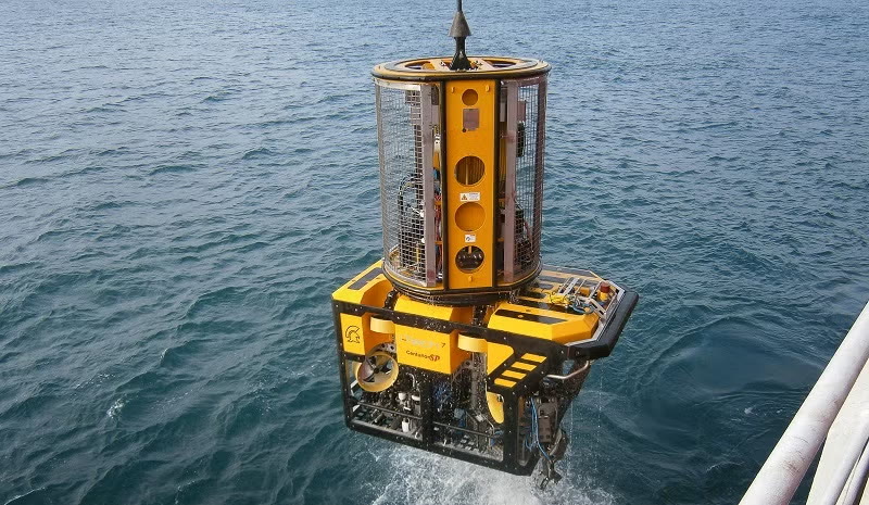 Work-class ROV being deployed from an offshore support vessel