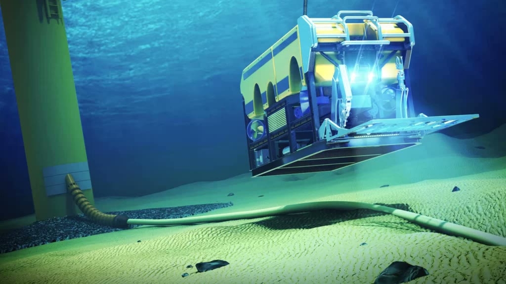 Illustration of a work-class ROV inspecting a subsea power cable near an offshore foundation