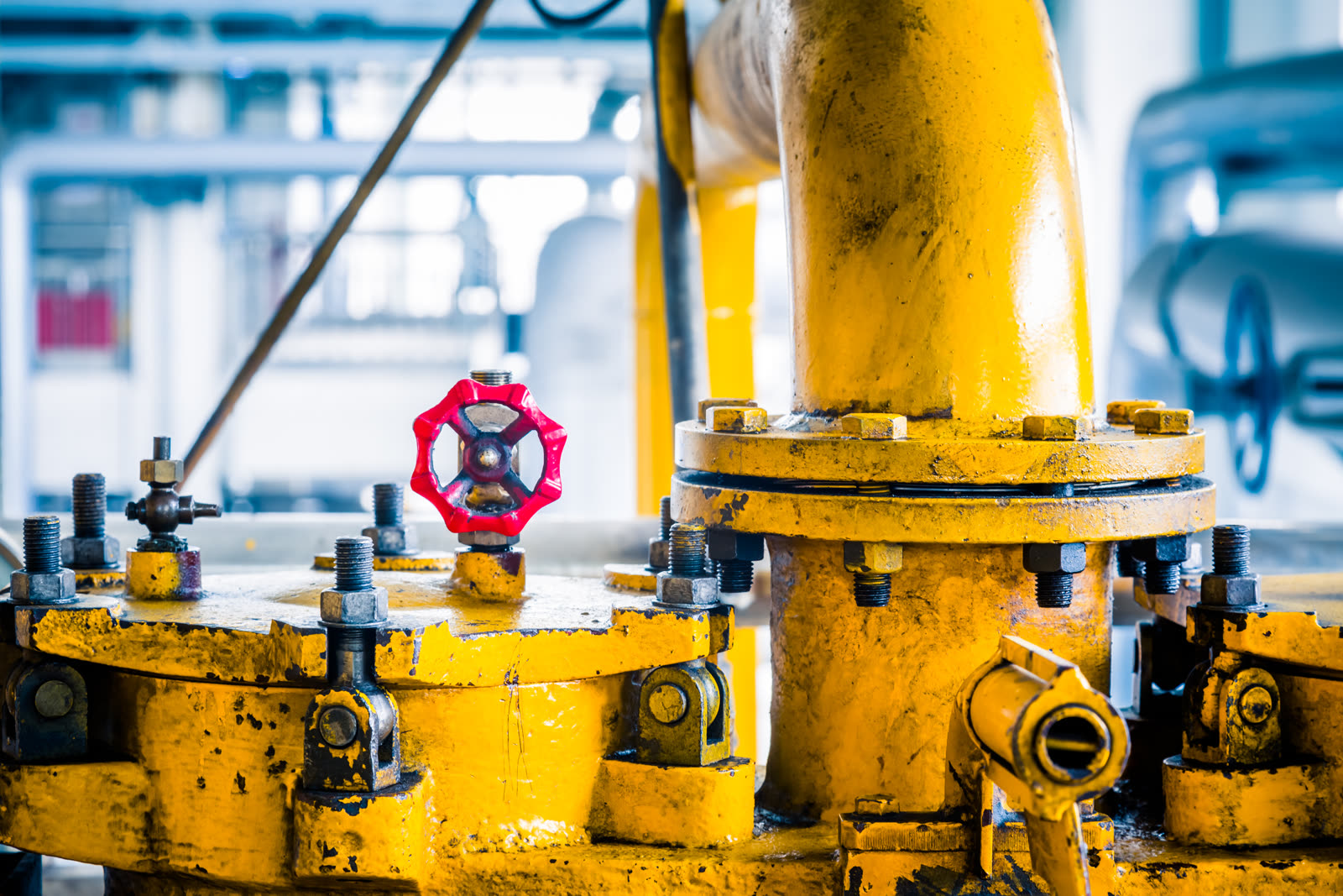 Close-up of a subsea valve and pipework flange assembly